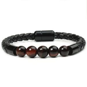 8mm Red Tiger's Eye Nature Stone Beaded Black Braided PU Leather Bracelet NEW